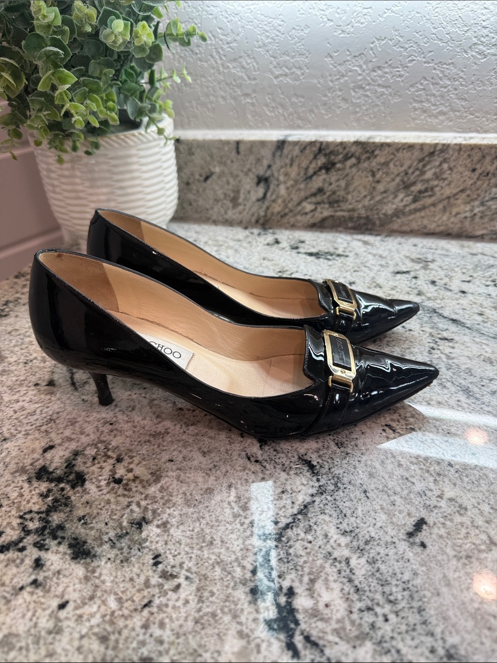 Jimmy Choo Black Patent Leather Logo Buckle Flats Size 35 Made in Italy